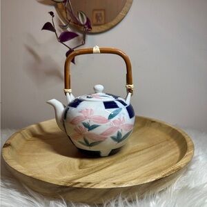 Pier 1 Floral Asian Porcelain Teapot with Bamboo Handle